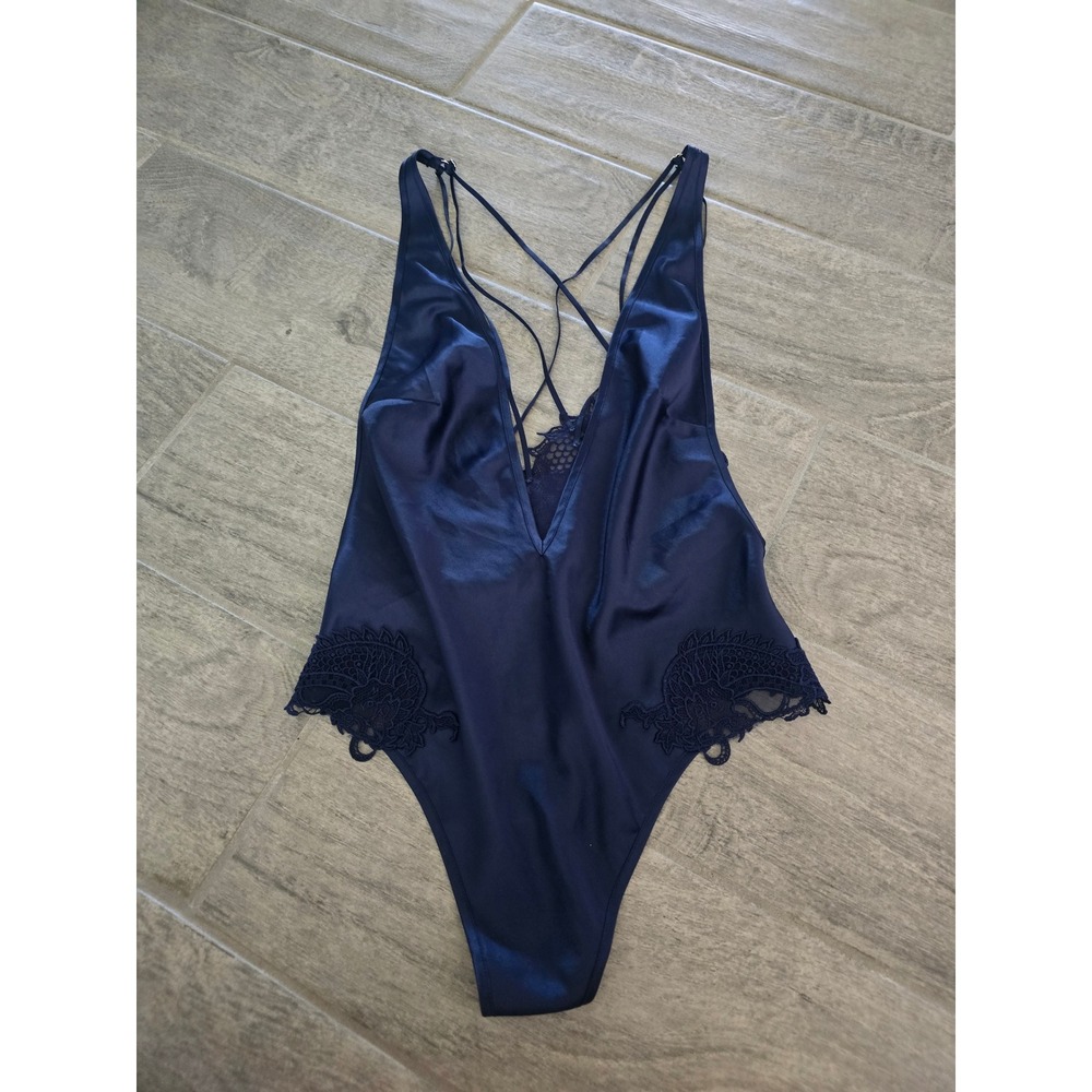 Victorias Secret Navy Blue Satin Lace Strappy Cross Back Bodysuit XS Deep V